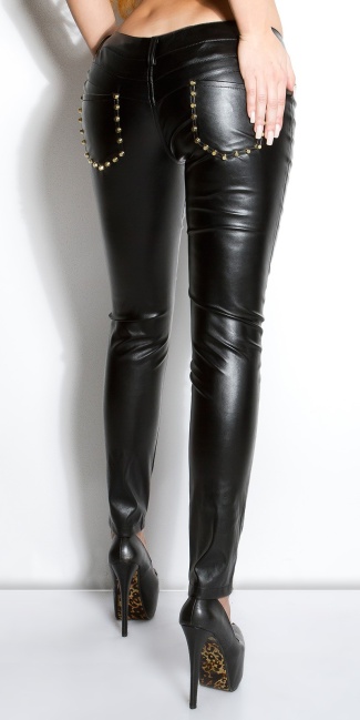 leatherlook-pants with studs on pocket Black